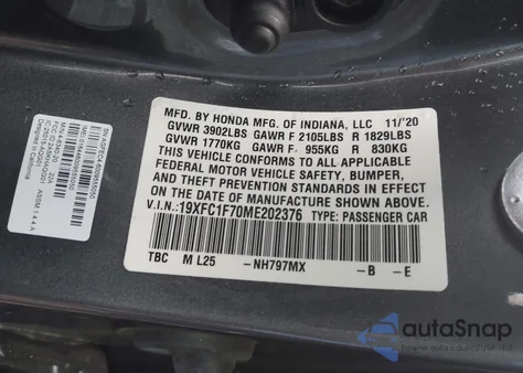 2021 Honda Civic Ex-L from USA, damaged, VIN 19XFC1F70ME202376